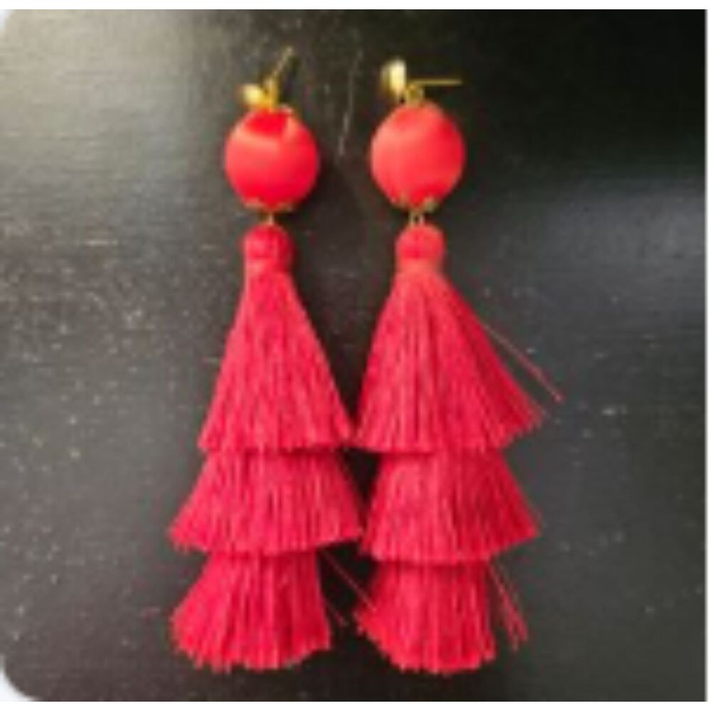 Red Layered Tassel Handmade 2" Earrings Chinese Inspired Stud Women's Kid's